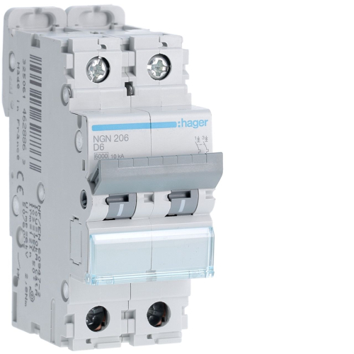 Disjoncteur 2P 6-10kA courbe D - 6A 2 modules-NGN206-3250614628863-HAGER