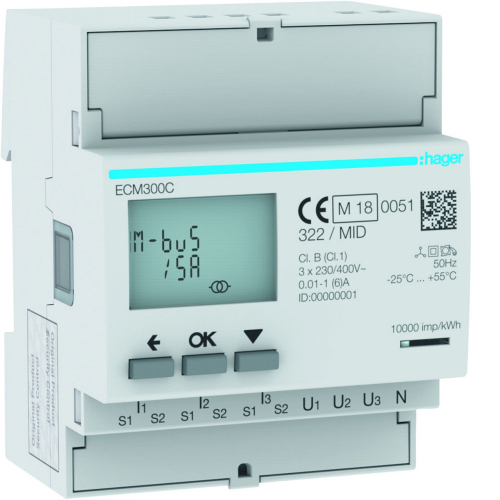 3 Phase kWhmeter via CT 1A or 5A 4M MBUS MID-ECM300C-3250612231324-HAGER