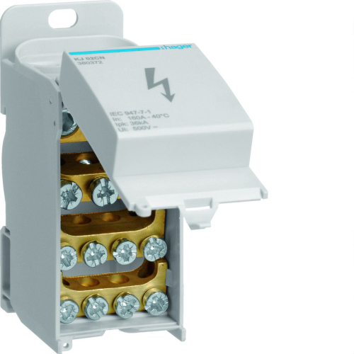 Bloc de répartition 160A avec couvercle, 1pôle, 2x 16-50²/3x 1,5-16²/8x 1,5-10²-KJ02CN-3250613803728-HAGER