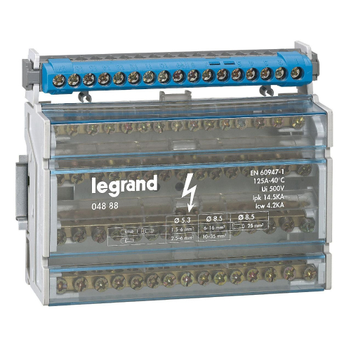 Bornier de répartition isolé IP2X neutre - 1 connexion 6-25mm² -bleu -long.141mm-004845-3245060048457-LEGRAND