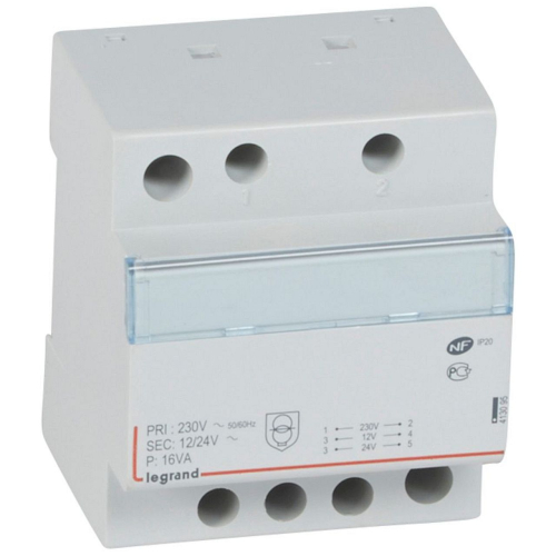 Transformateur de sécurité 230V vers 12V ou 24V - 16VA - 4 modules-413095-3245064130950-LEGRAND