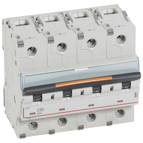 Disjoncteur DX³ 25kA arrivée haut/départ bas vis 4P 400V~ 80A courbe C 6 modules-409801-3245064098014-LEGRAND