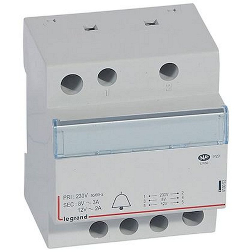 Transformateur pour sonnerie 230V vers 12V ou 8V - 24VA - 4 modules-413092-3245064130929-LEGRAND