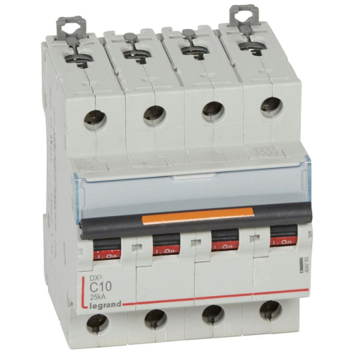 Disjoncteur DX³ 25kA arrivée haut/départ bas vis 4P 400V~ 10A courbe C 4 modules-409793-3245064097932-LEGRAND