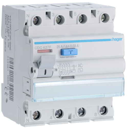 Interrupteur différentiel 4P 25A 30mA type AC 60Hz-CDC427F-3250611655121-HAGER