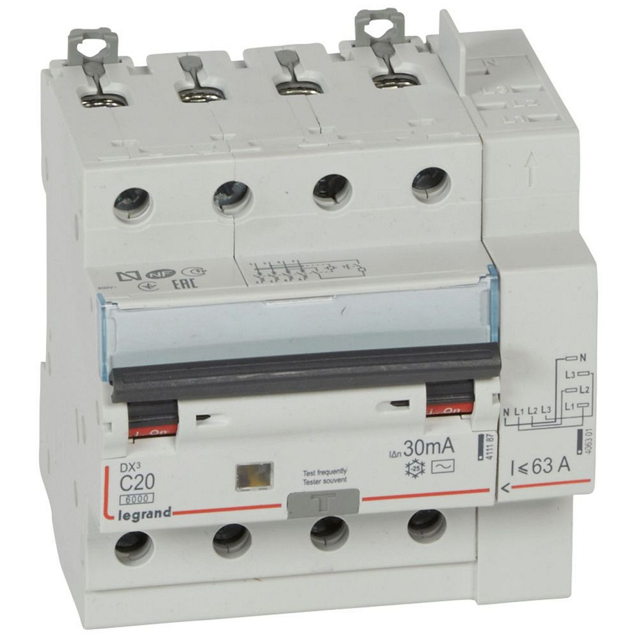 Disjoncteur diff DX³ 6000 -vis/auto-4P-400V~-20A-typeAC-30mA-10kA-courbe C - 5M