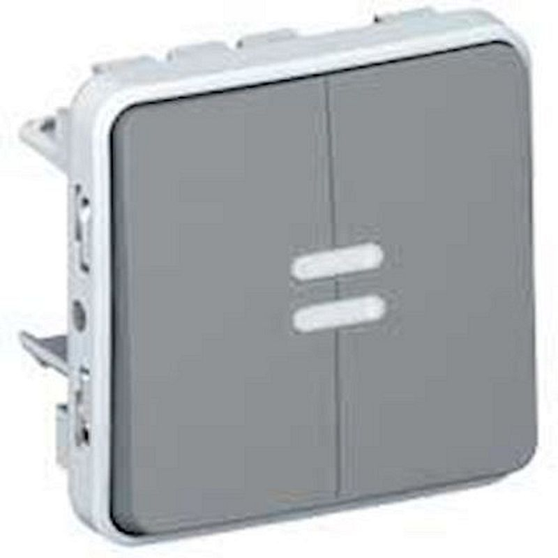 Double poussoir inverseur étanche NO+NF lumineux Plexo composable IP55 10A gris