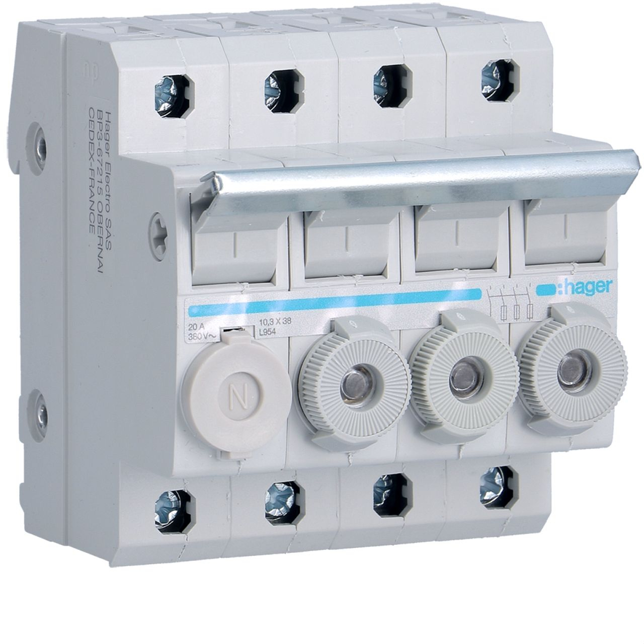 Porte-fusible combiné 3P+N 20A 380V L38 4M avec cartouche