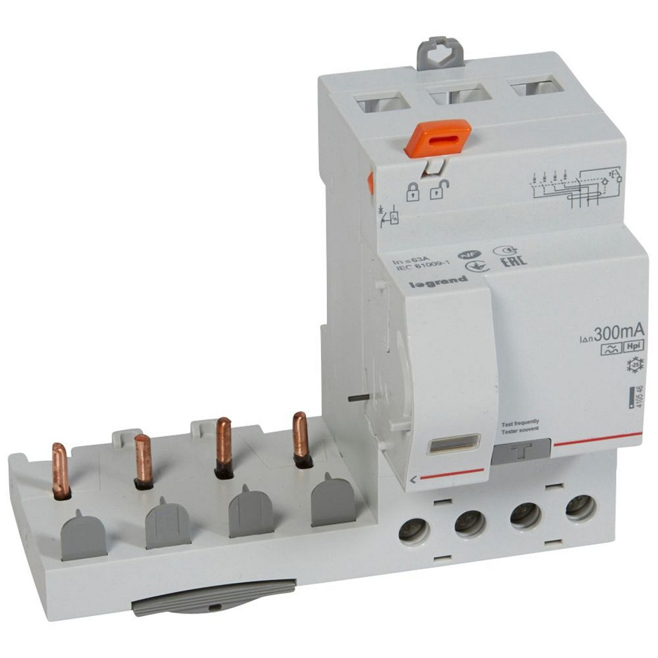 Bloc diff adaptable à vis DX³ disj. 1 module/pôle -4P 400V~ -63A -typeF 300mA