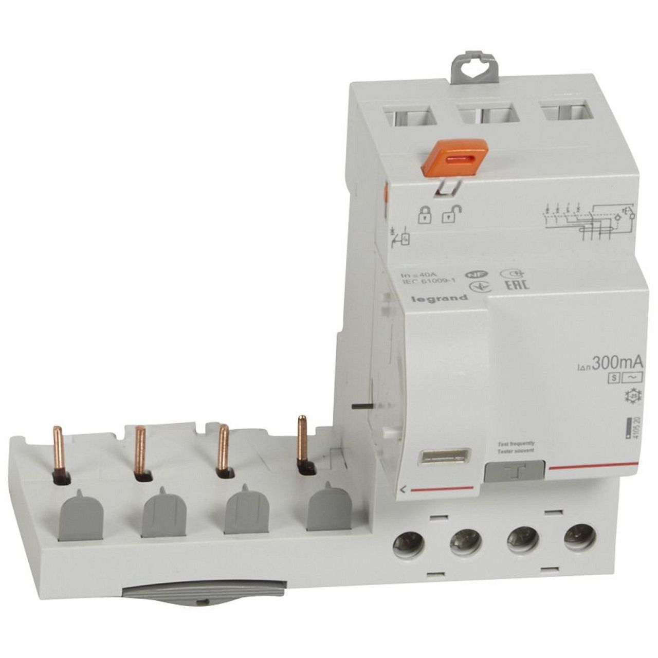 Bloc diff adaptable vis DX³ pour disj 1 mod/pôle 4P 400V~ 40A typeAC 300mA sél