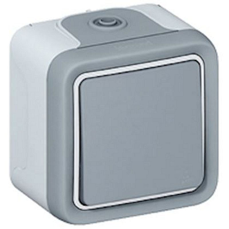 Poussoir étanche NO 10A Plexo complet IP55 saillie - gris