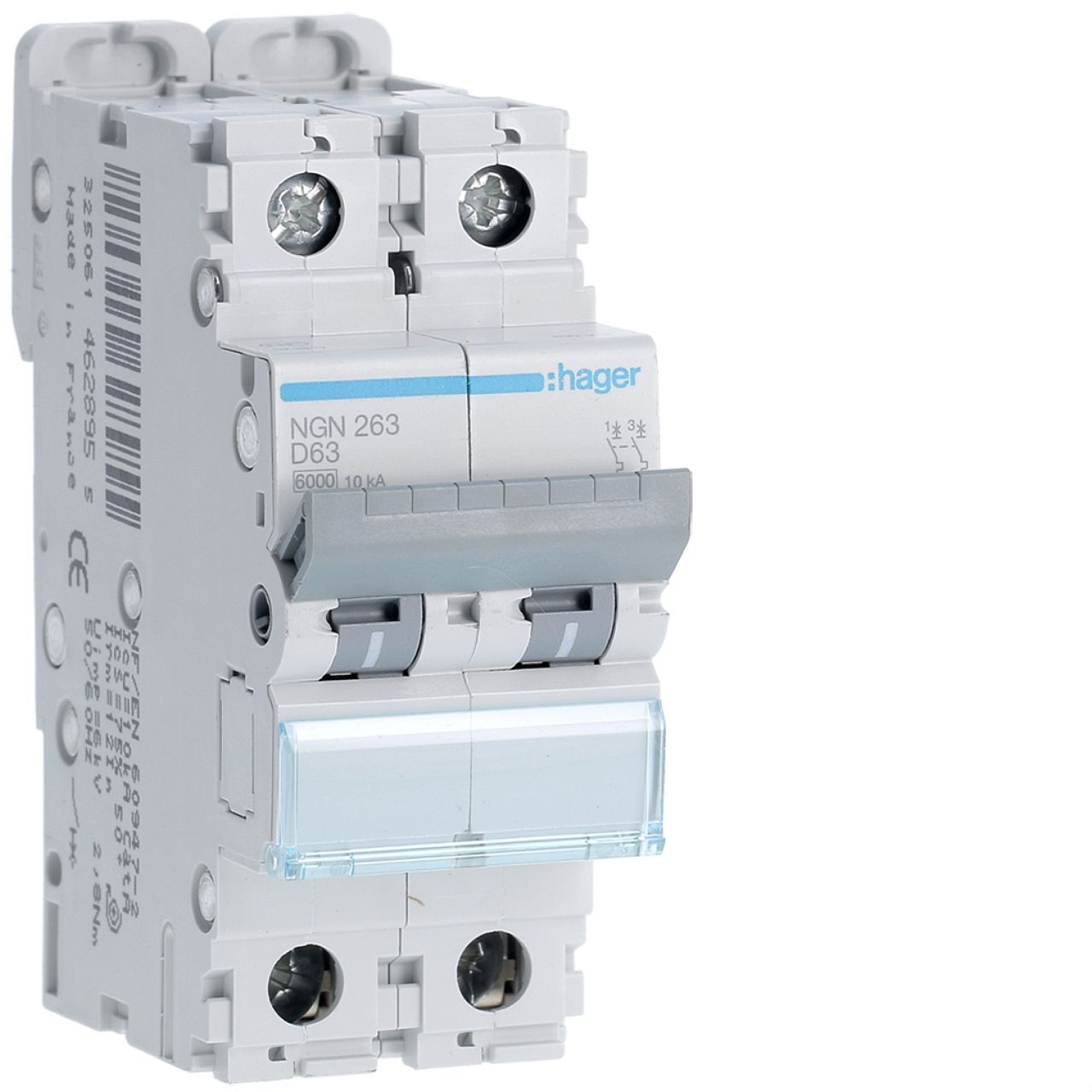 Disjoncteur 2P 6-10kA courbe D - 63A 2 modules