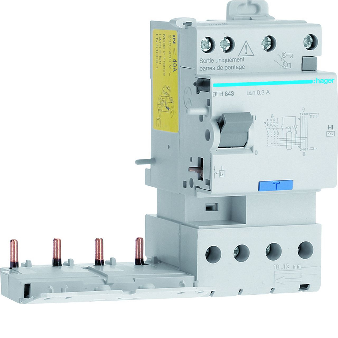 Bloc différentiel double sortie 4P 40A 300mA type haute immunité 50/60Hz