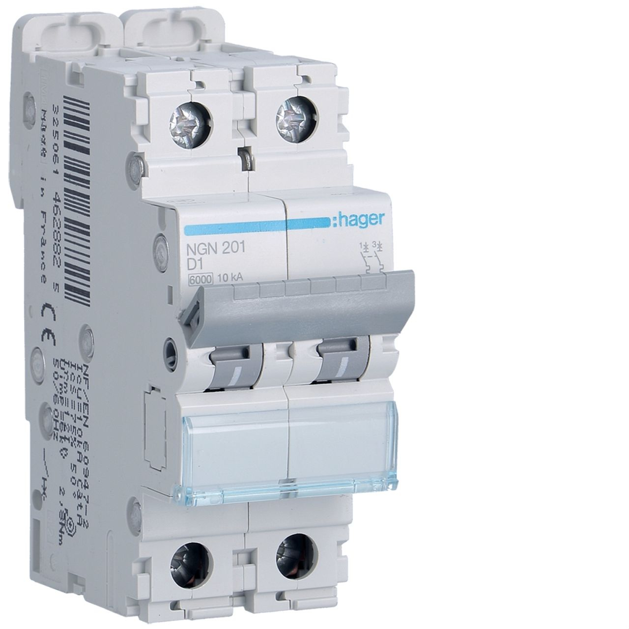 Disjoncteur 2P 6-10kA courbe D - 1A 2 modules