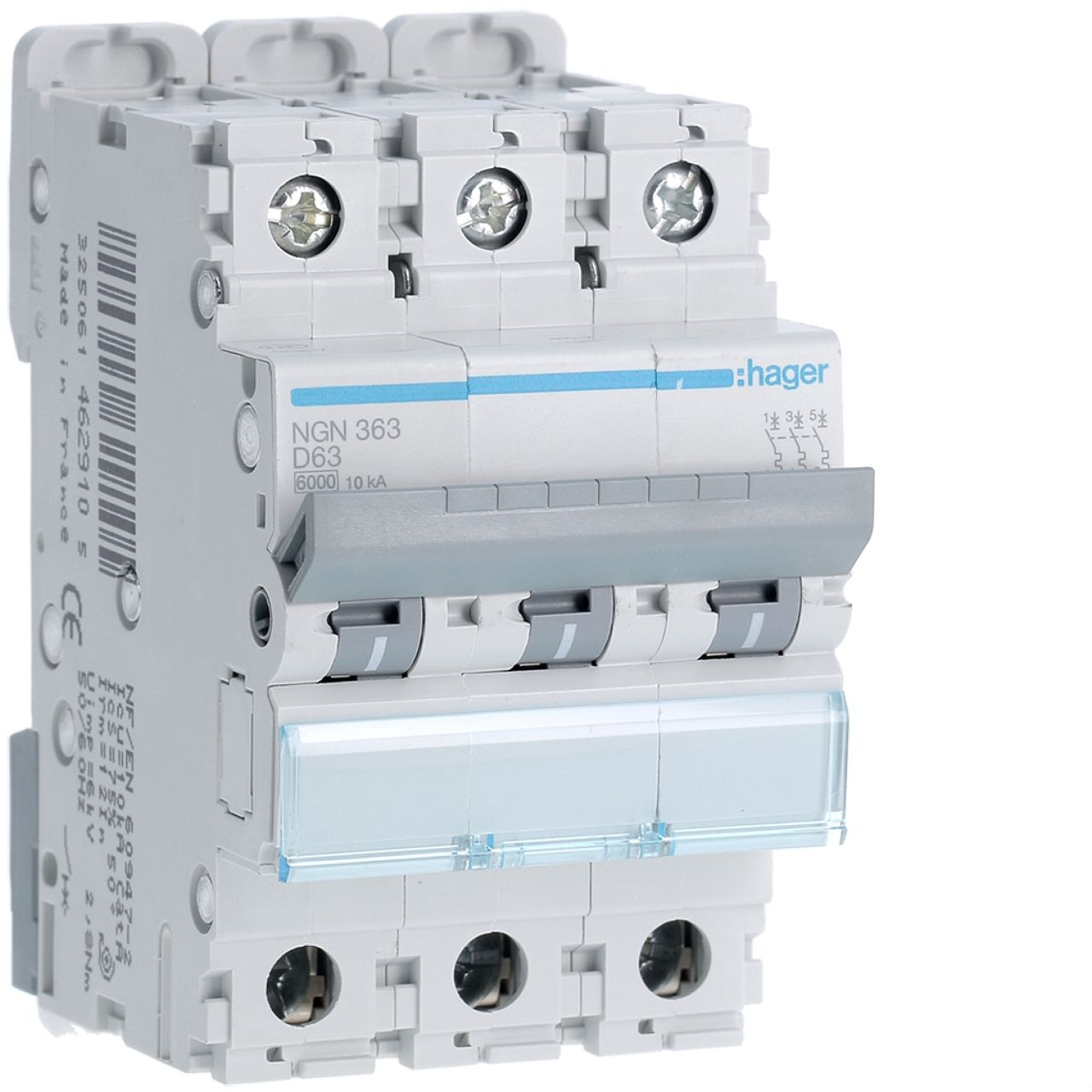 Disjoncteur 3P 6-10kA courbe D - 63A 3 modules