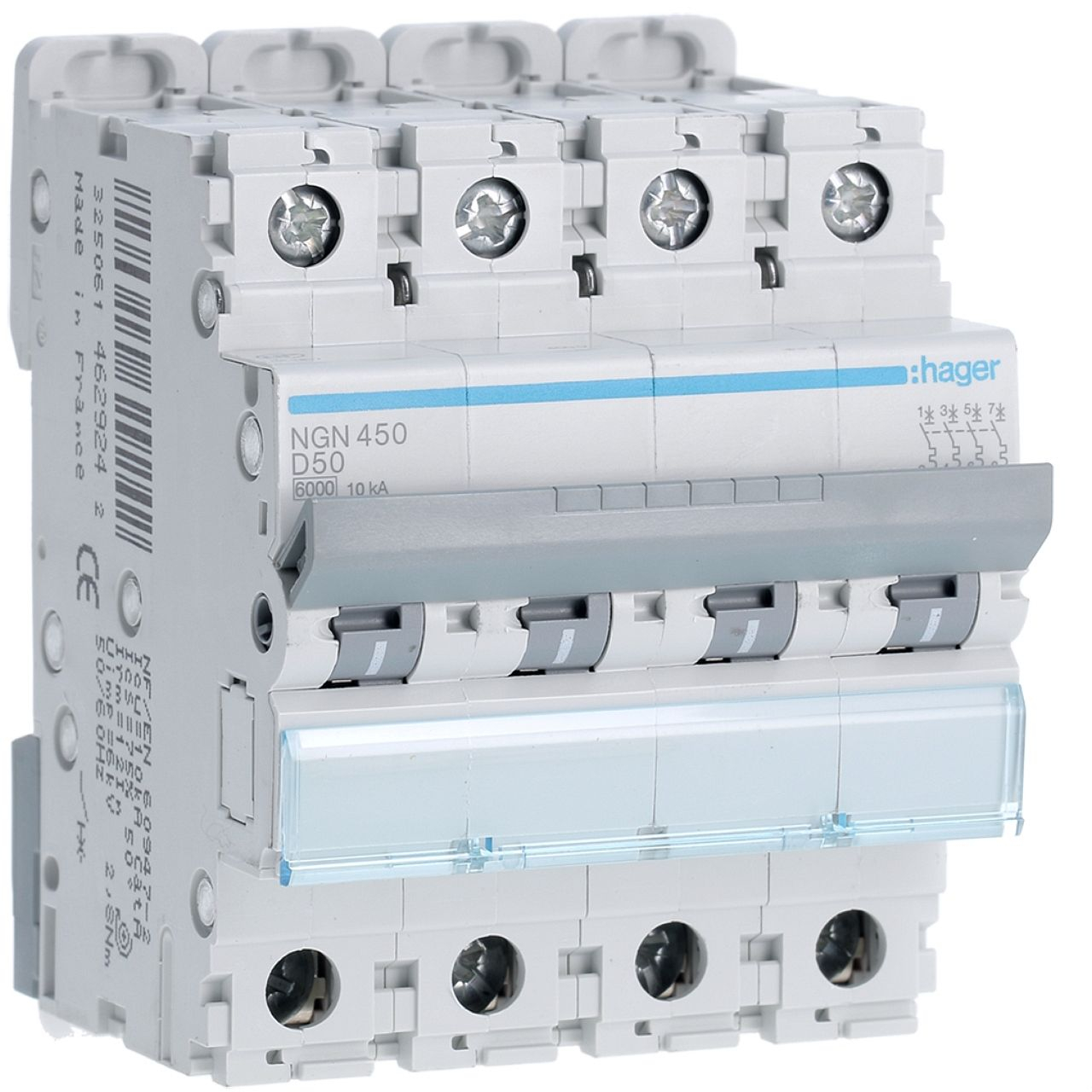 Disjoncteur 4P 6-10kA courbe D - 50A 4 modules