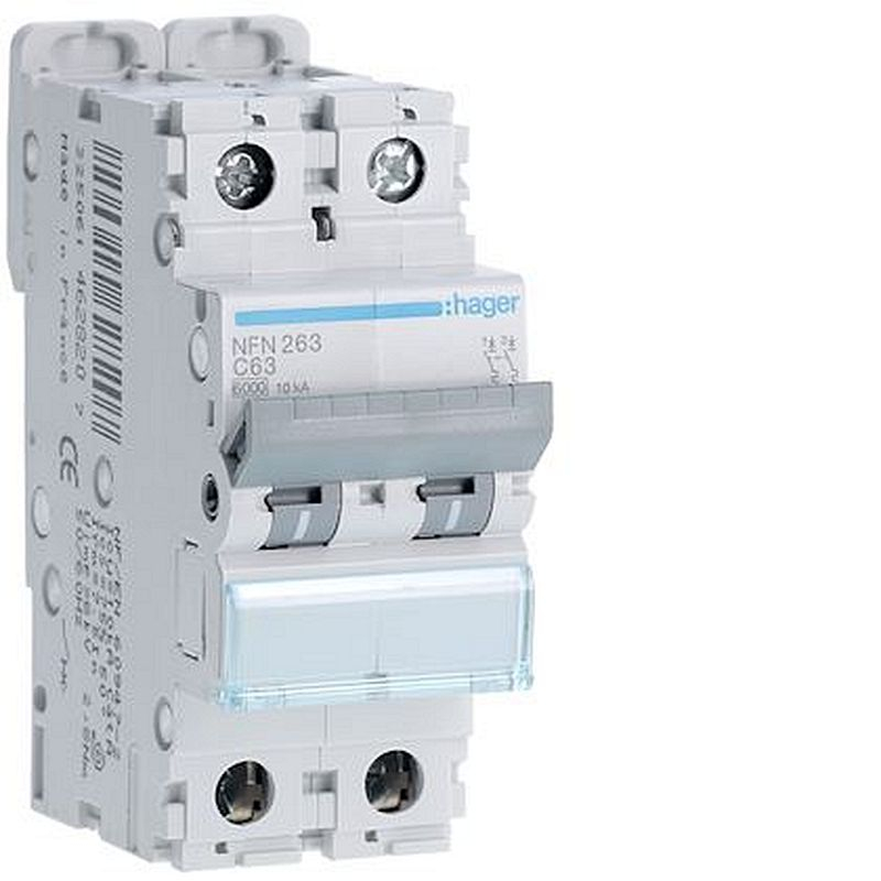 Disjoncteur 2P 6-10kA courbe C - 63A 2 modules