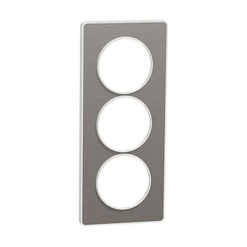 Odace Touch, plaque Aluminium brossé avec liseré Blanc 3 postes verticaux 57mm